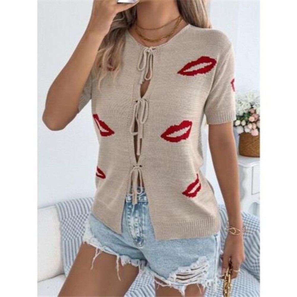 Lips Tie Front Knit Cardigan